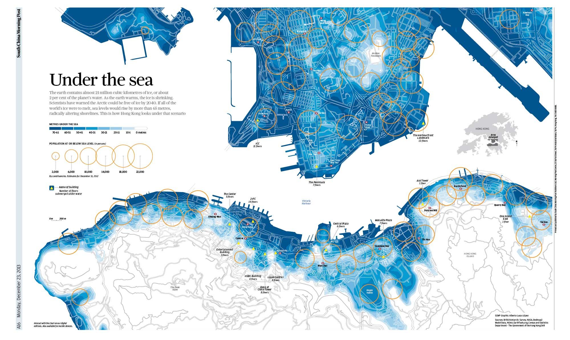 Infografía sobre como se vería Hong Kong si subiesen los niveles del agua debido al calentamiento global